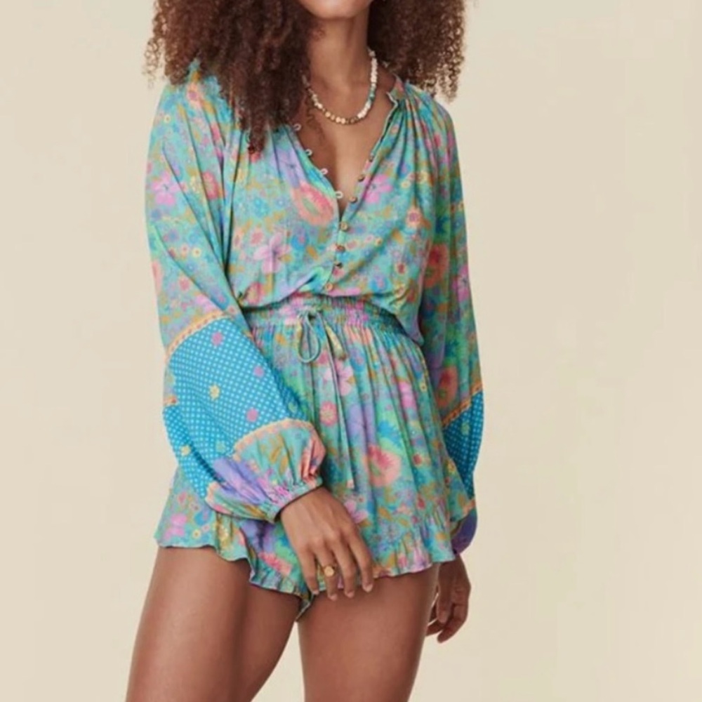 Spell Hibiscus Floral Romper in Blue and Pink